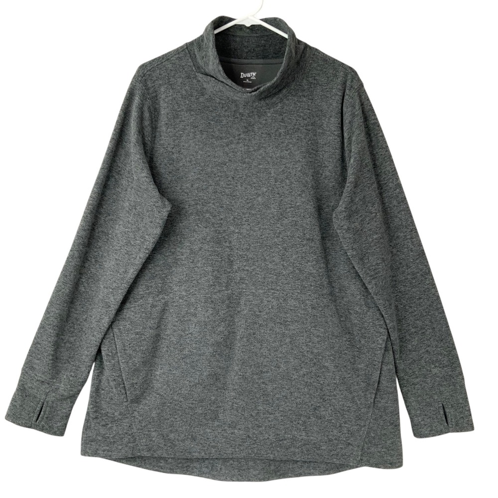 Duluth Gray Heathered Fleece Sweater XL Pockets Mock Neck Long Sleeve Thumbholes